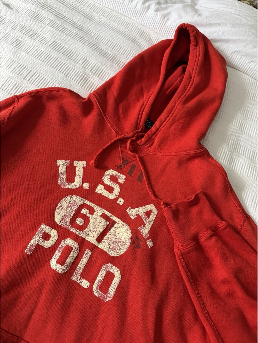 Polo Ralph Lauren Mens XL Red Distressed USA 67 Graphic Hoodie Sweatshirt Fleece